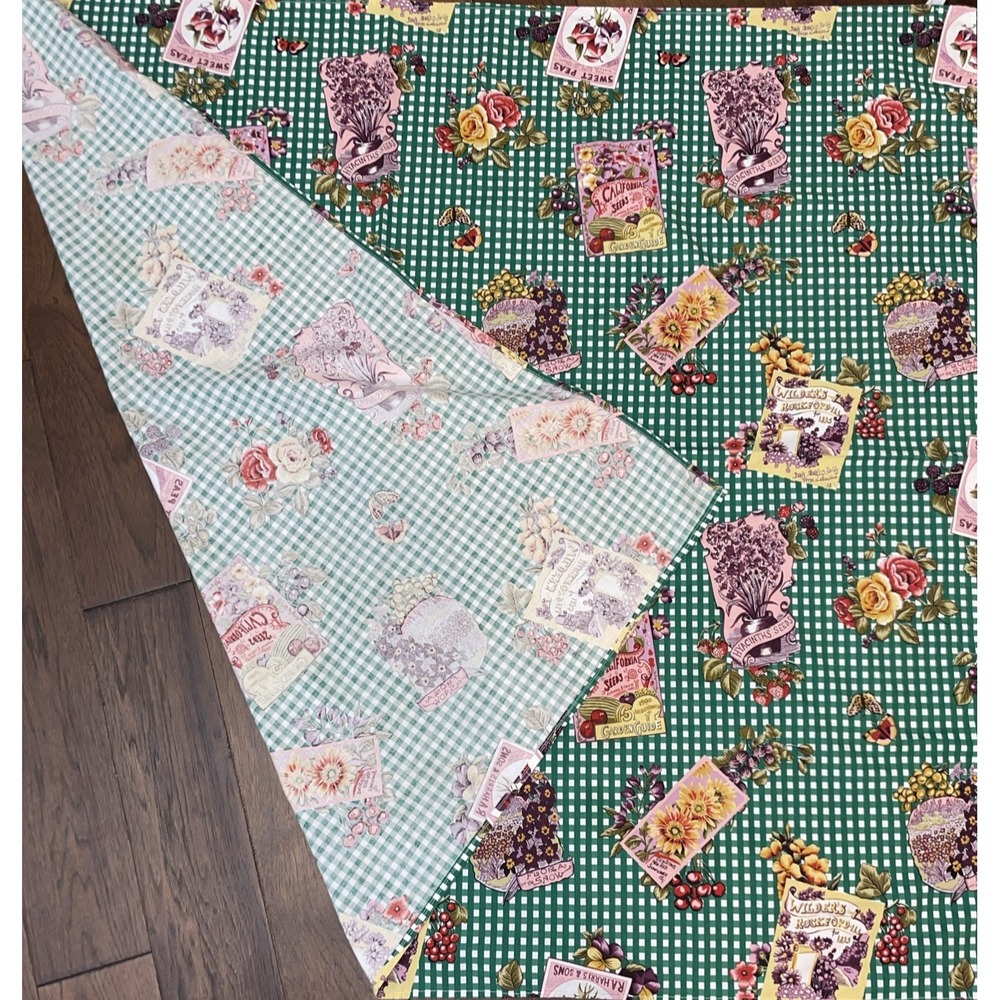 Vintage Wilton Court 54"X47" Green Gingham Tablecloth with Seed Packets Gorgeous